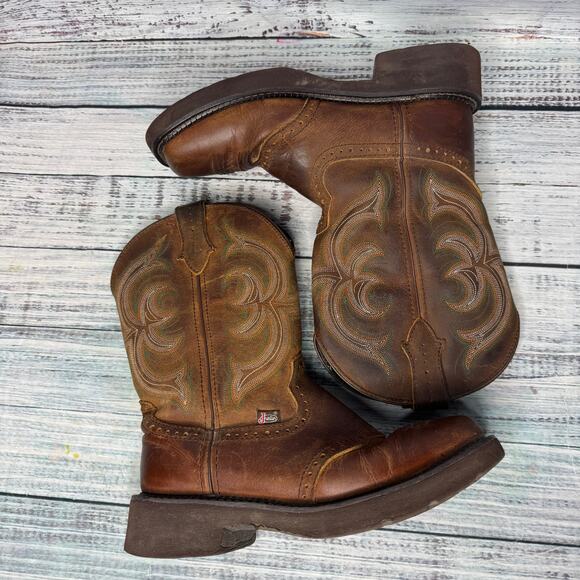Justin Women’s Western Cowboy Boots Brown Leather Embroidered Size 8B - Picture 1 of 5